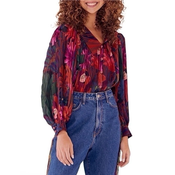 Farm Rio Bird Flowers Pleated Shirt Multicolor - Picture 2 of 13